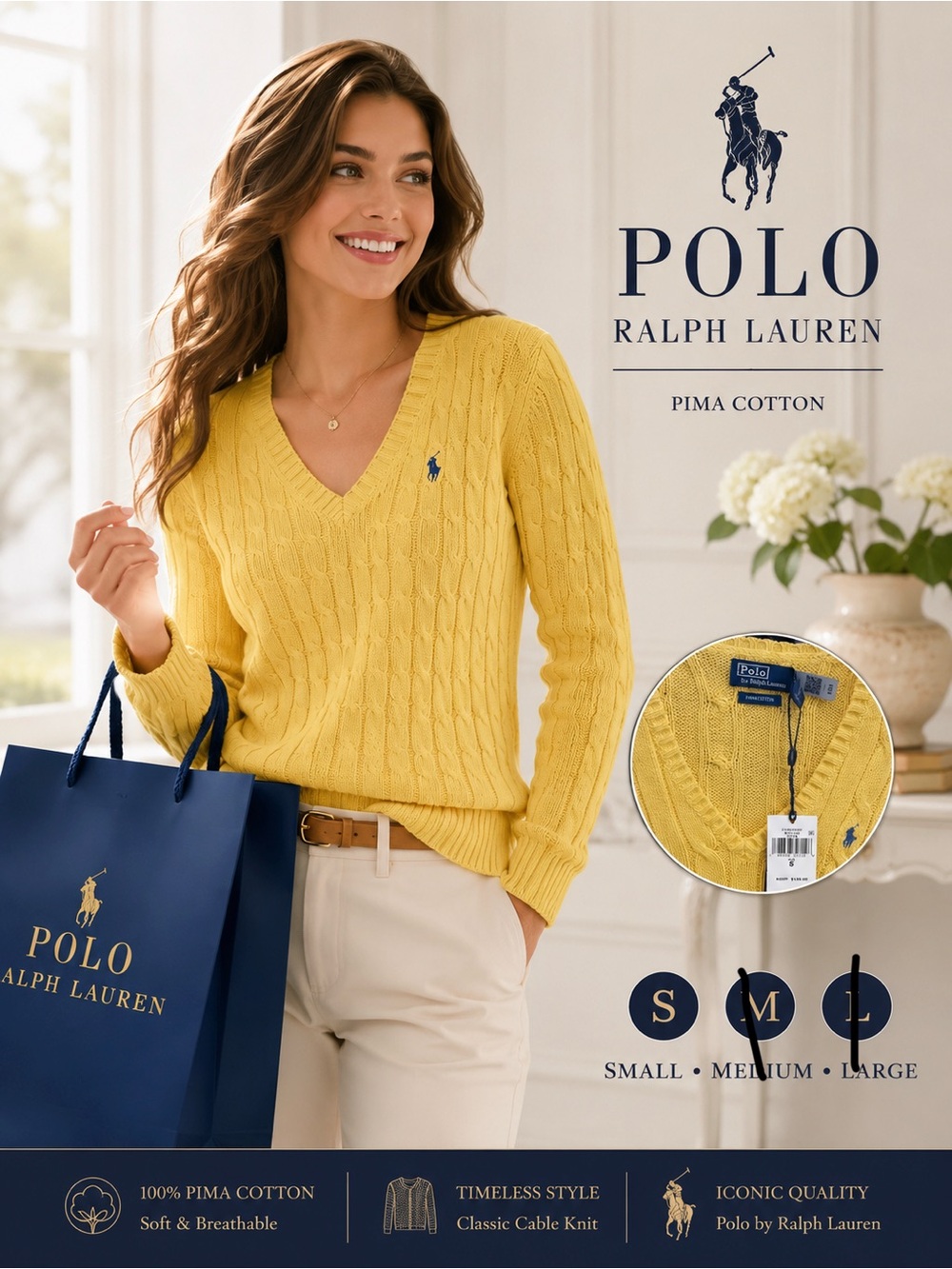 Polo by Ralph Lauren Yellow Cable-Knit V-Neck Sweater
